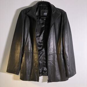AM Studio Jacket Womens Medium Lamb Leather Full Zip Long‎ Coat Polyester Lined